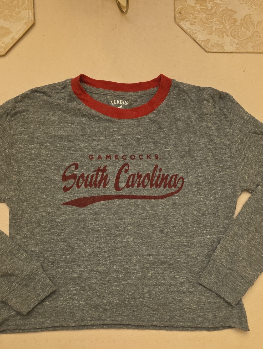 League Gray Crop Top with Red Trim and South Carolina Script